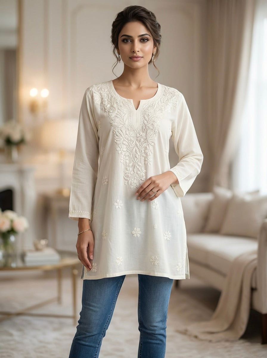 The Imperial Pearl White Tunic — Ghaspatti Hand-Embroidered Modal Kurti