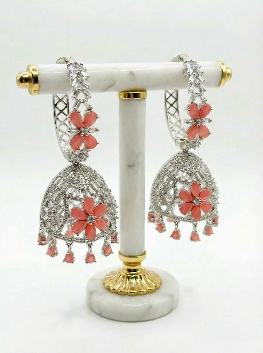 Premium Silver Imitation American Diamond Jhumka Earrings | Famaza Couture