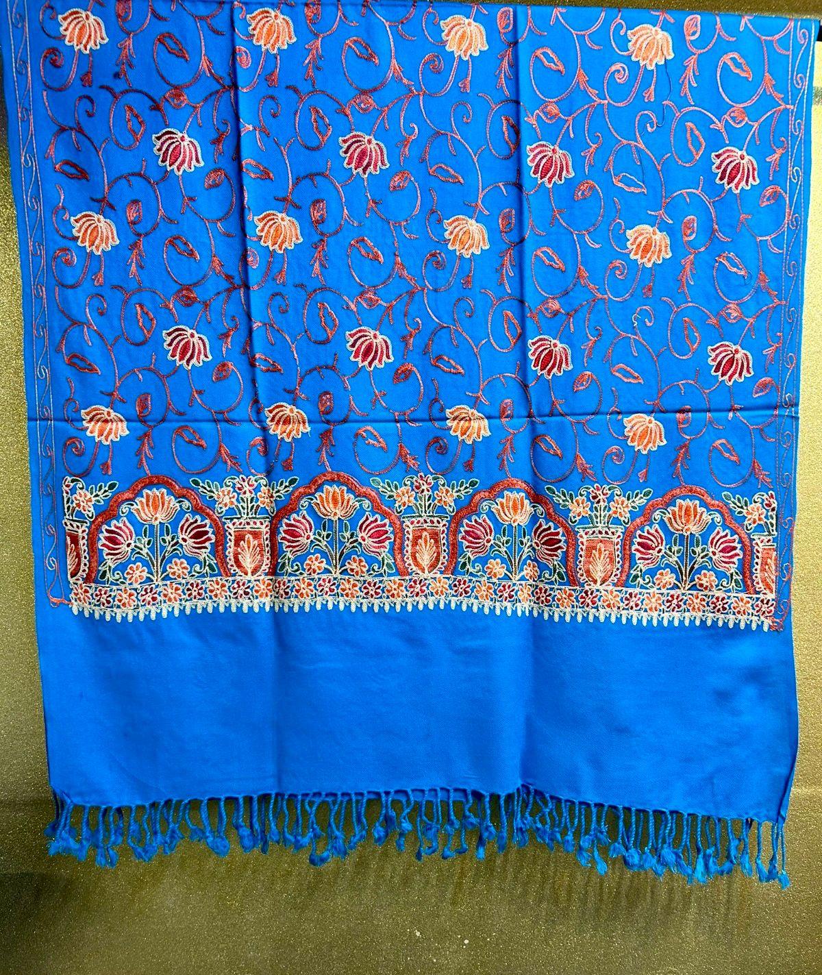 Lotus flower all-over Kashmiri Embroidered Pashmina Scarf | Handcrafted Shawl – Famaza Couture