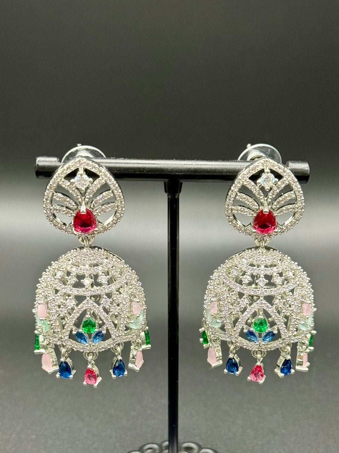 American Diamond multi-coloured Jhumka earrings/Silver Finish Earrings