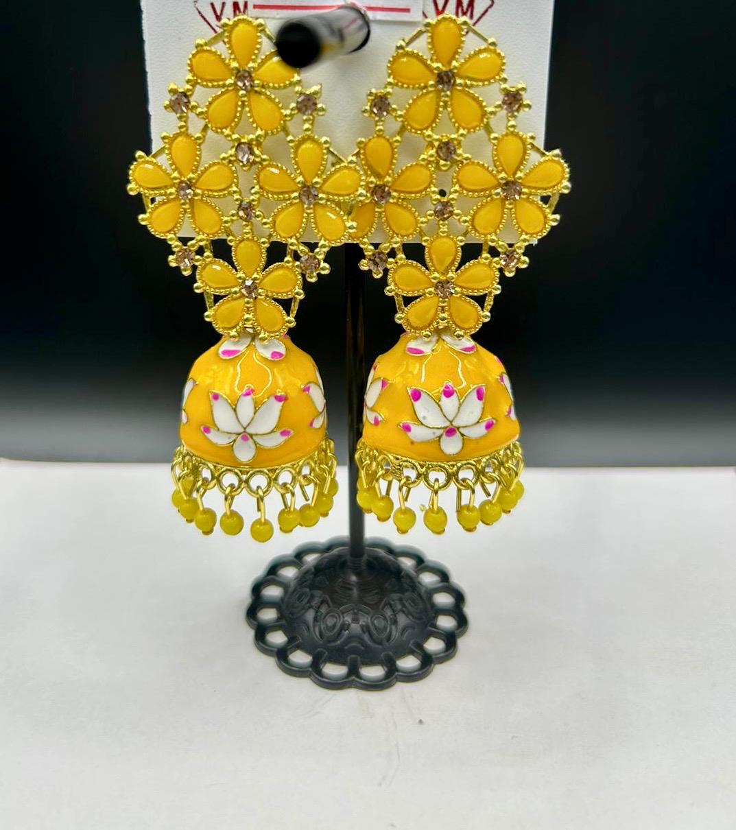 Gold Meenakari Jhumka Earrings | Lightweight Handcrafted Bridal Jewellery – Famaza Couture