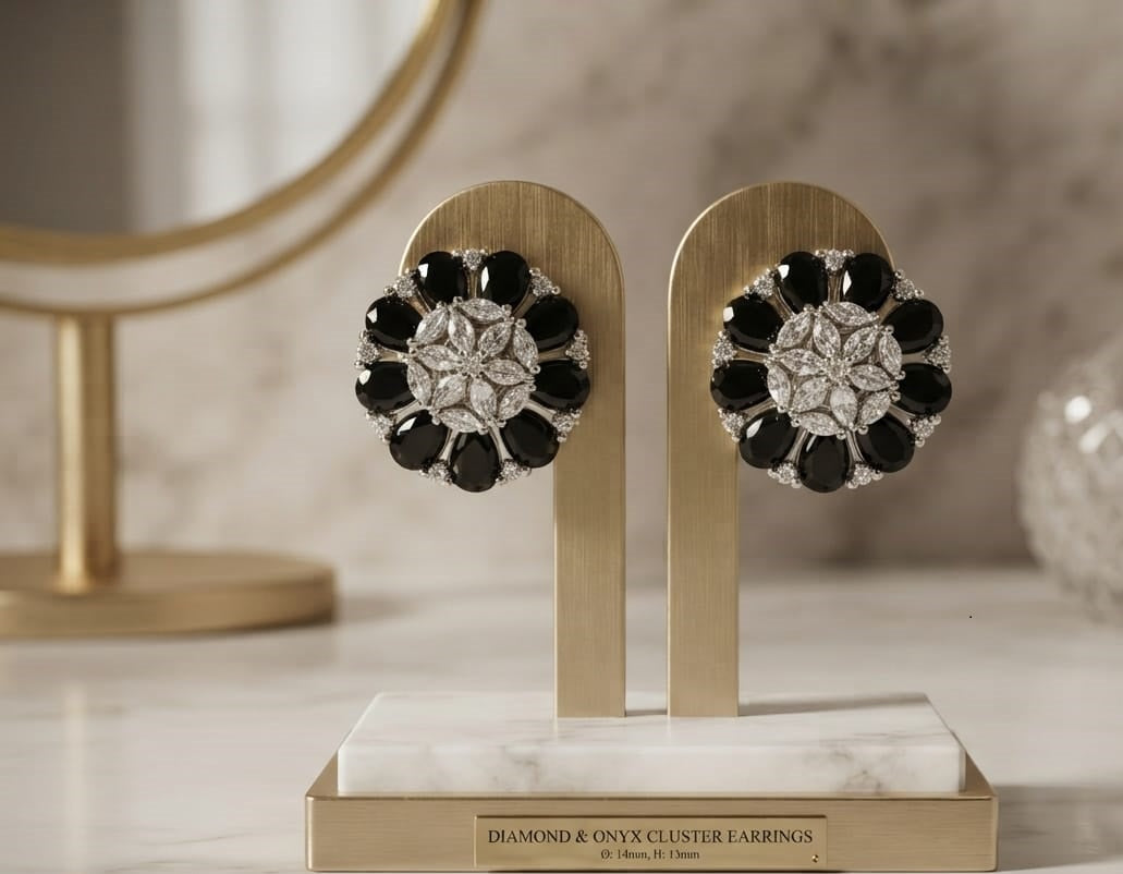 American Diamond Floral Cluster Stud Earrings | Silver Tone