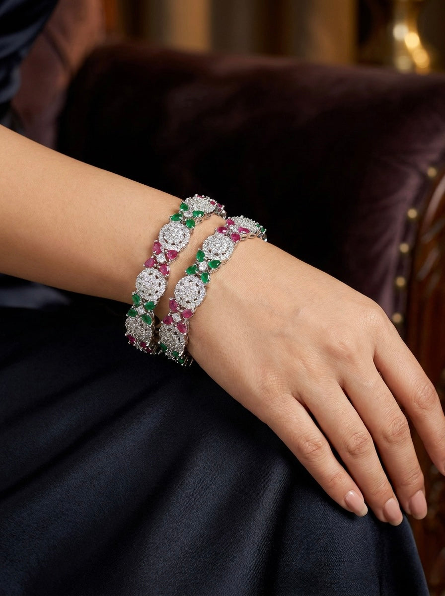 Floral Emerald & Ruby American Diamond Bangles - Multi-Tone Crystal Set