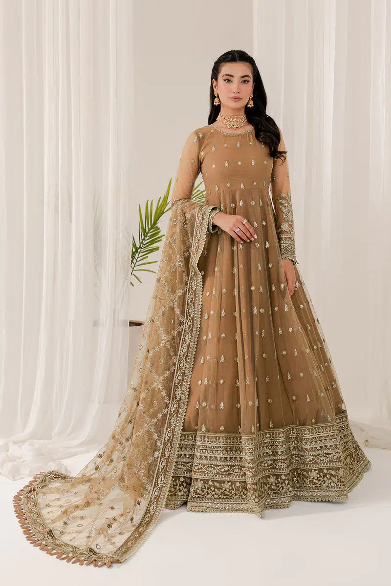 Elegant Beige Pakistani 3-Piece Party Wear Maxi Dress | Long Embroidered Evening Gown