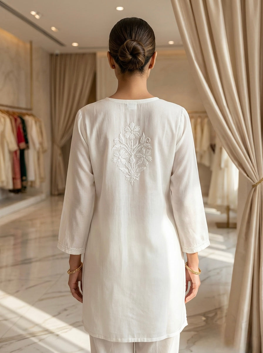 The Imperial Pearl White Tunic — Ghaspatti Hand-Embroidered Modal Kurti