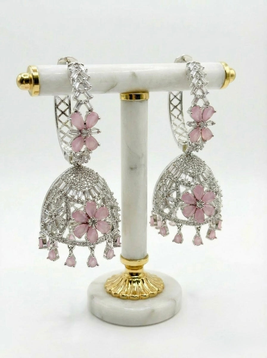 Premium Silver Imitation American Diamond Jhumka Earrings | Famaza Couture
