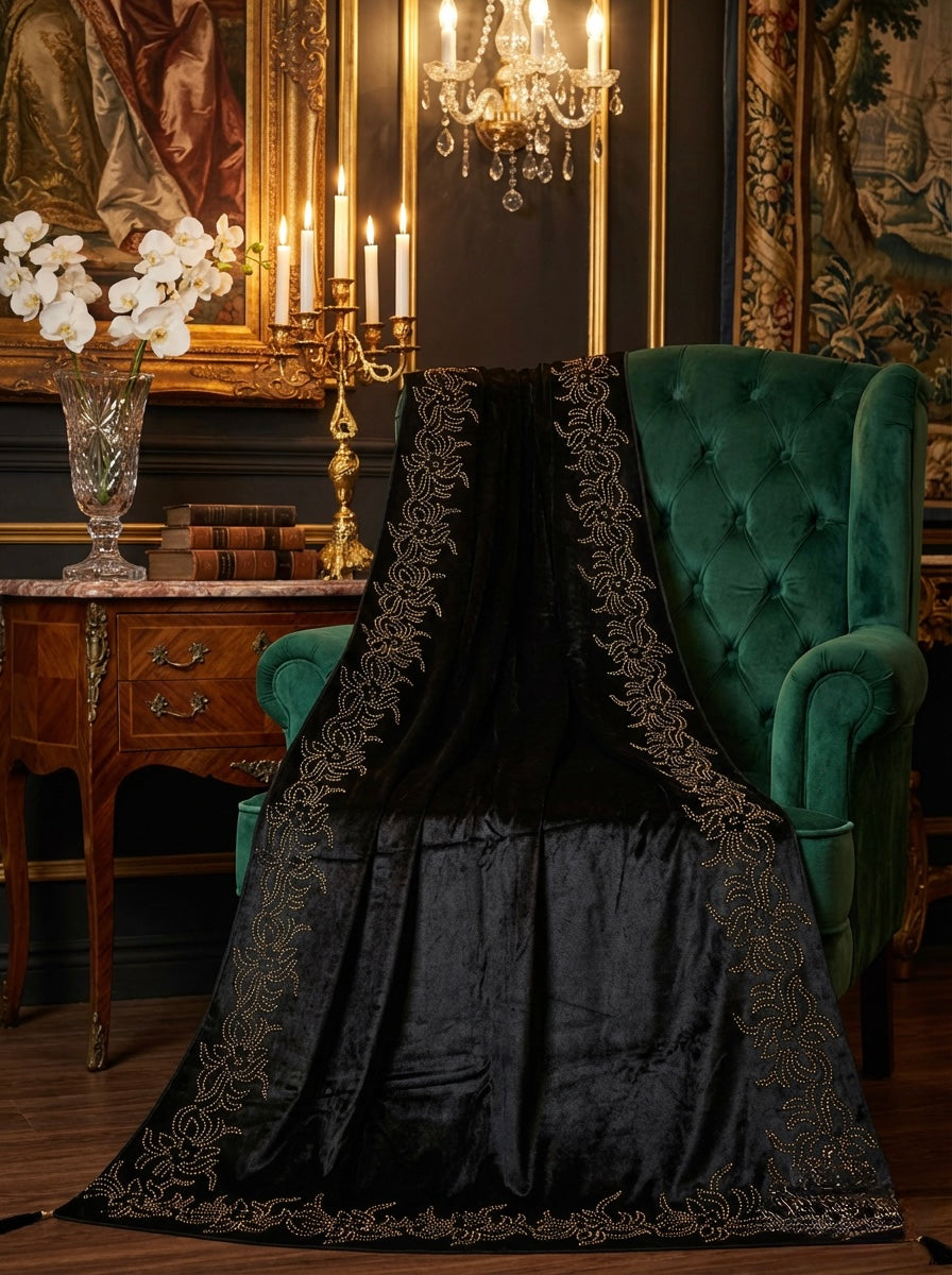 A Black colour velvet stole with golden stones work all over the stoles.