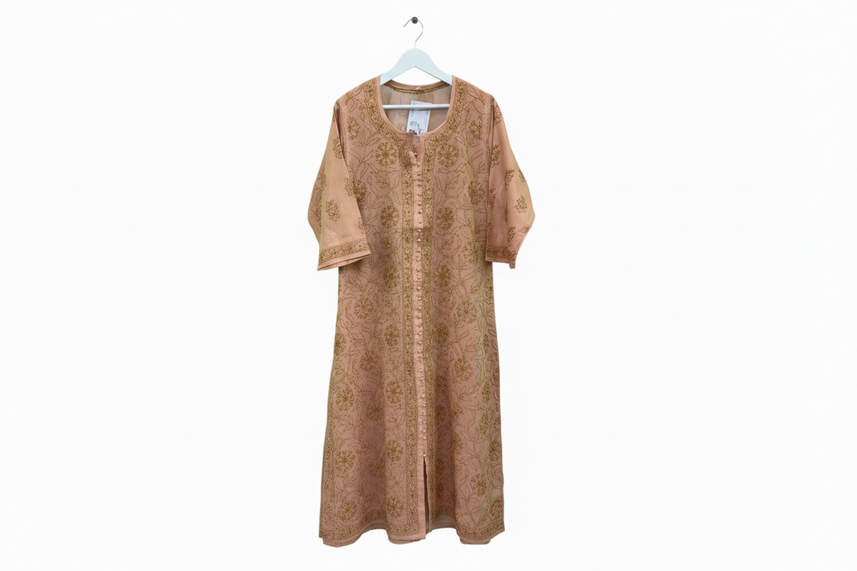 A Brown A line embroidered dress on a white background