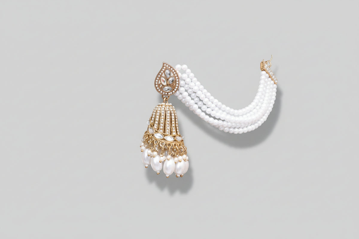 A Close-up of a woman wearing a white beaded earring with rose gold accents jhumkey.