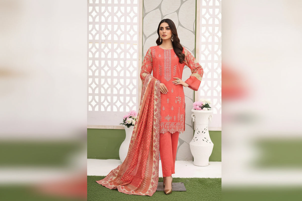 A Coral pink traditional outfit with embroidery on a mannequin against a decorative white wall.