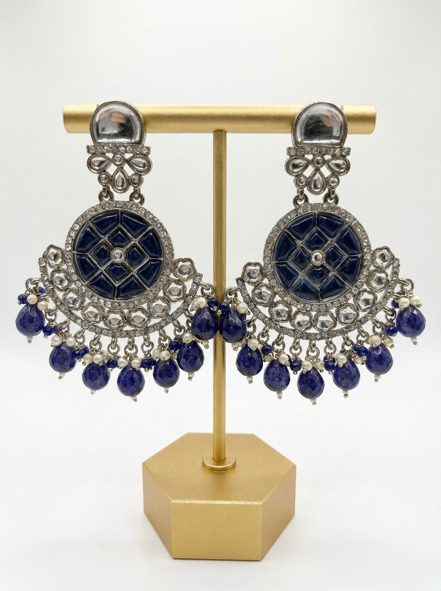 Deep navy blue circular drop earrings with shimmering crystals, perfect for evening festive wear.