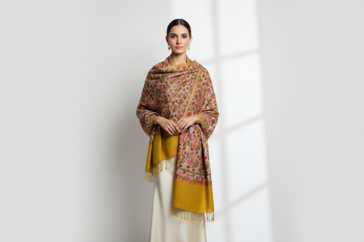 A Kashmiri embroidered pashmina scarf in mustard yellow with floral patterns and tassels on the ends.