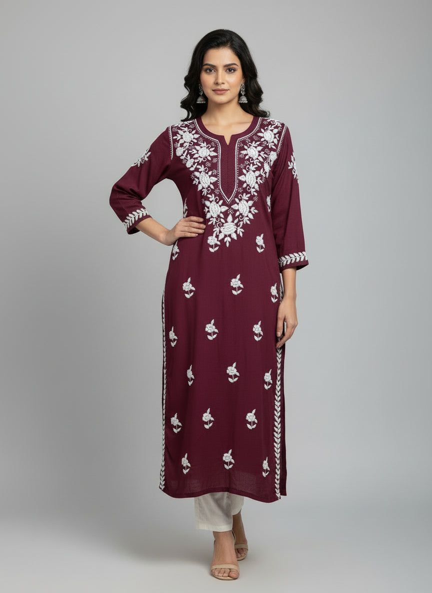 A Maroon colour 46 inches long modal fabric Chikankari kurti with white Ghass Patti embroidery 