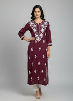 A Maroon colour 46 inches long modal fabric Chikankari kurti with white Ghass Patti embroidery 