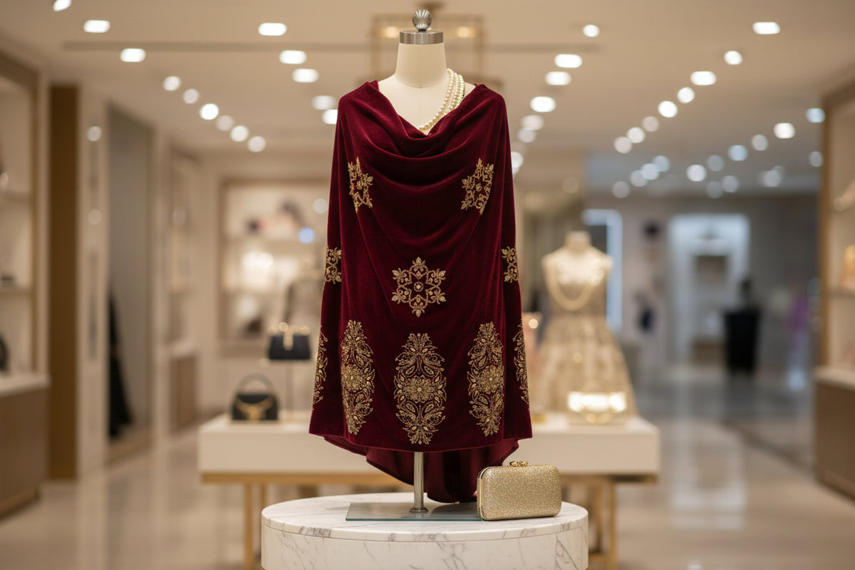 A Maroon colour velvet fabric shawl with gold colour nano beads embellishments and intricate floral patterns.