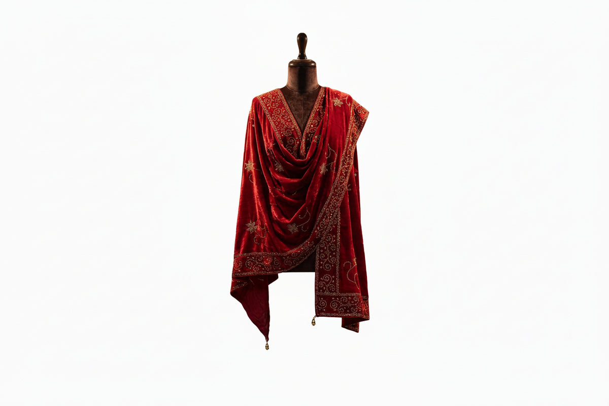 A Maroon colour velvet stole with golden stones work all over the stoles.