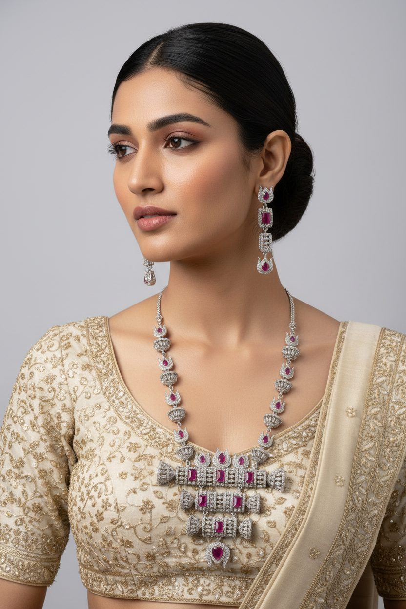 Model is wearing The American diamonds with ruby pink cubic zirconia centre stones hasli necklace and earrings jewellery set.