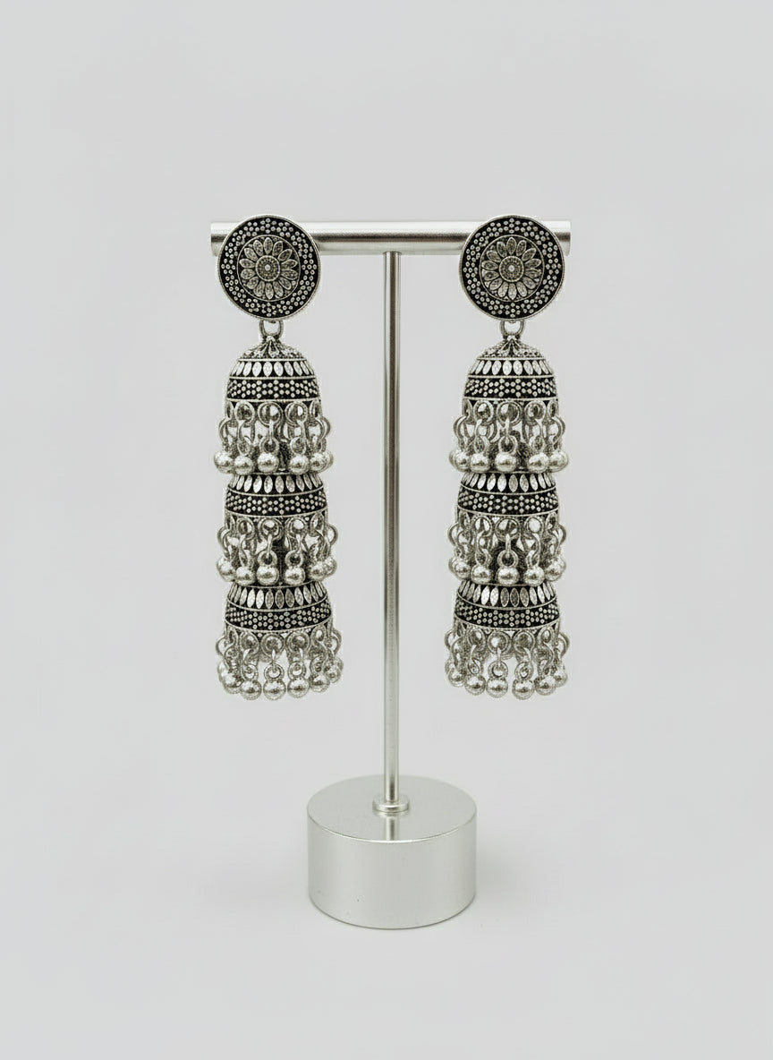 Silver oxidised jhumka earrings traditional dome design – Famaza Couture