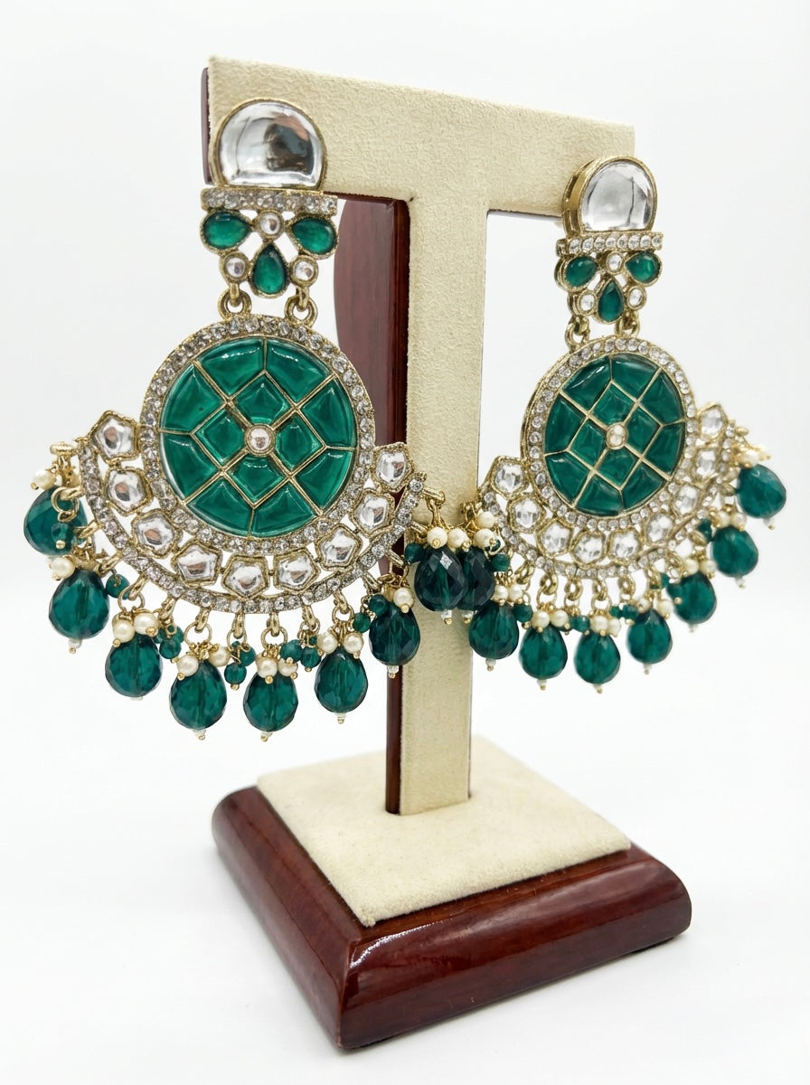 Rich bottle green Chandbalis showcasing a mosaic center and vibrant green crystal droplets.