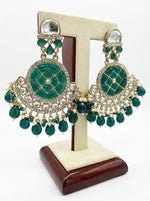Rich bottle green Chandbalis showcasing a mosaic center and vibrant green crystal droplets.