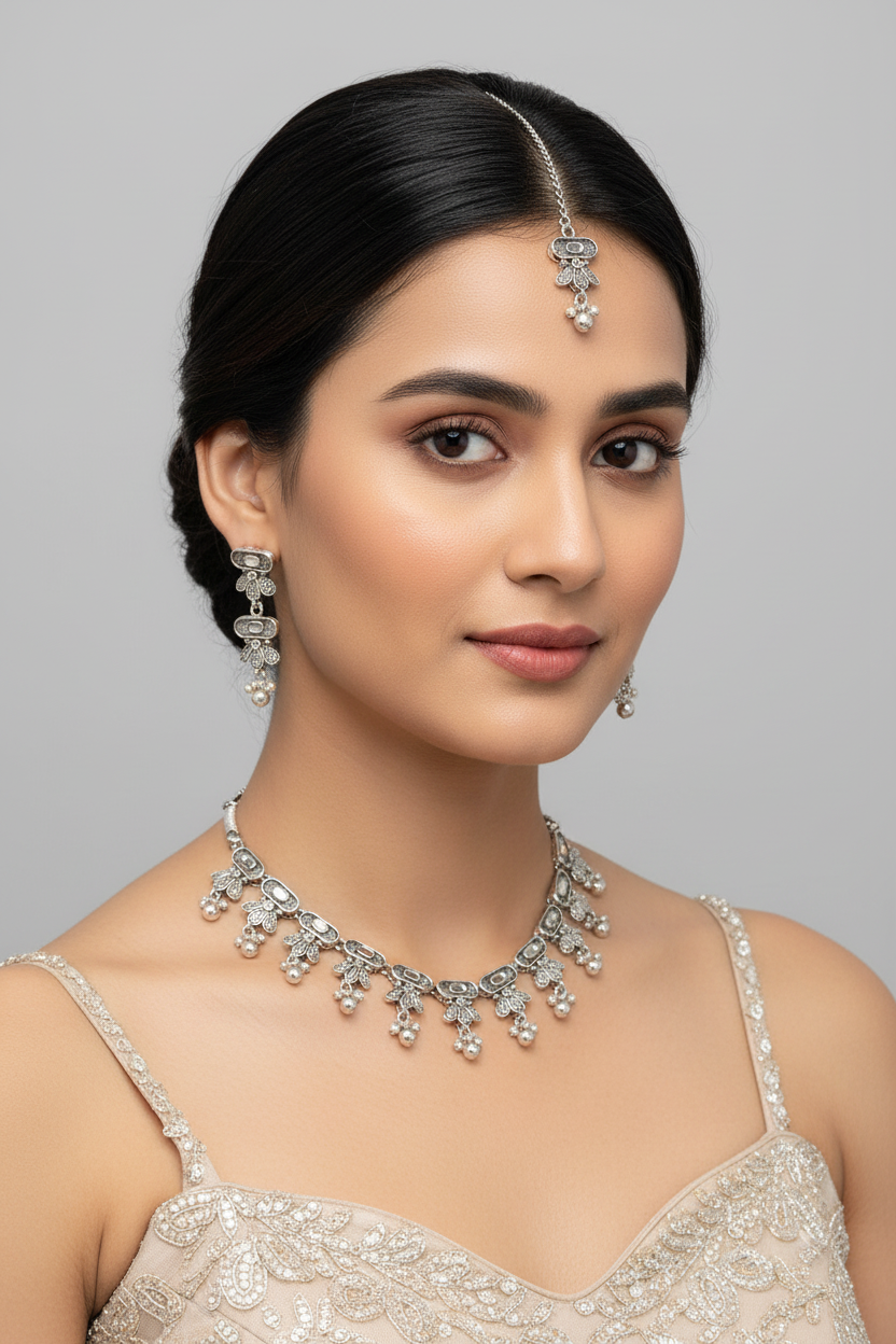 The Silver jewellery set with choker necklace, earrings and maang tikka