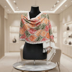 A White base colour Kashmiri embroidered Scarf/shawlwith multi colour machine embroidery by Famaza Couture