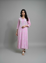A baby pink colour 46 inches long modal fabric Chikankari kurti with white Ghass Patti embroidery 