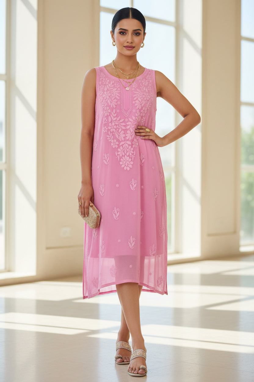 A baby pink sleeveless tunic top with floral embroidery and applique details, hanging on a hanger.