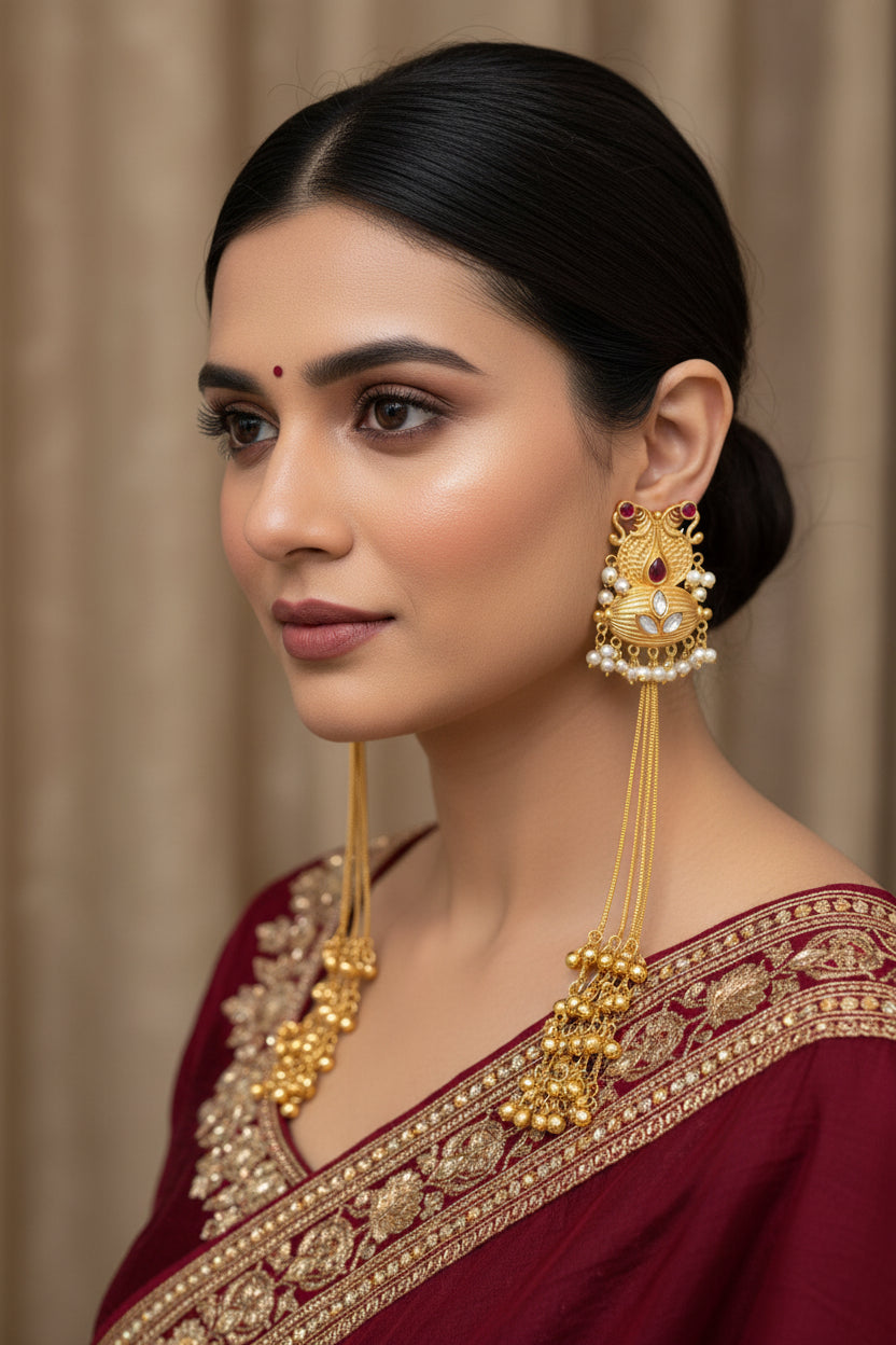 A beautiful woman wearing 22cm maroon Kashmiri earrings with Kundan stones and gold bells, ideal as traditional or English bridal jewellery.