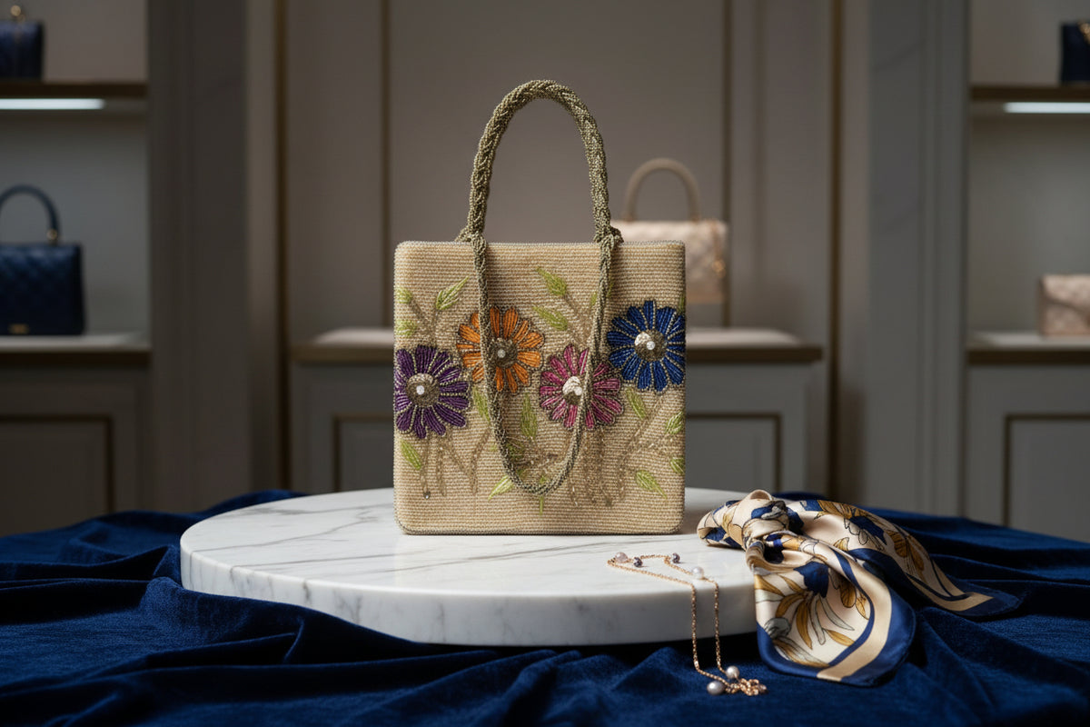A beige floral handcrafted tote bag with glass beads embroidered on it, displayed on a wooden surface.