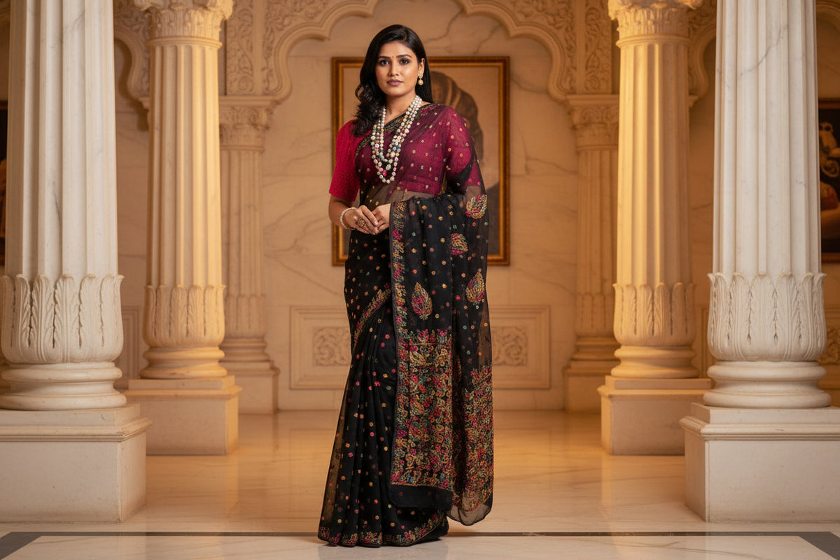 A black base semi georgette saree with multi colour thread chikankari embroidery all over the saree.