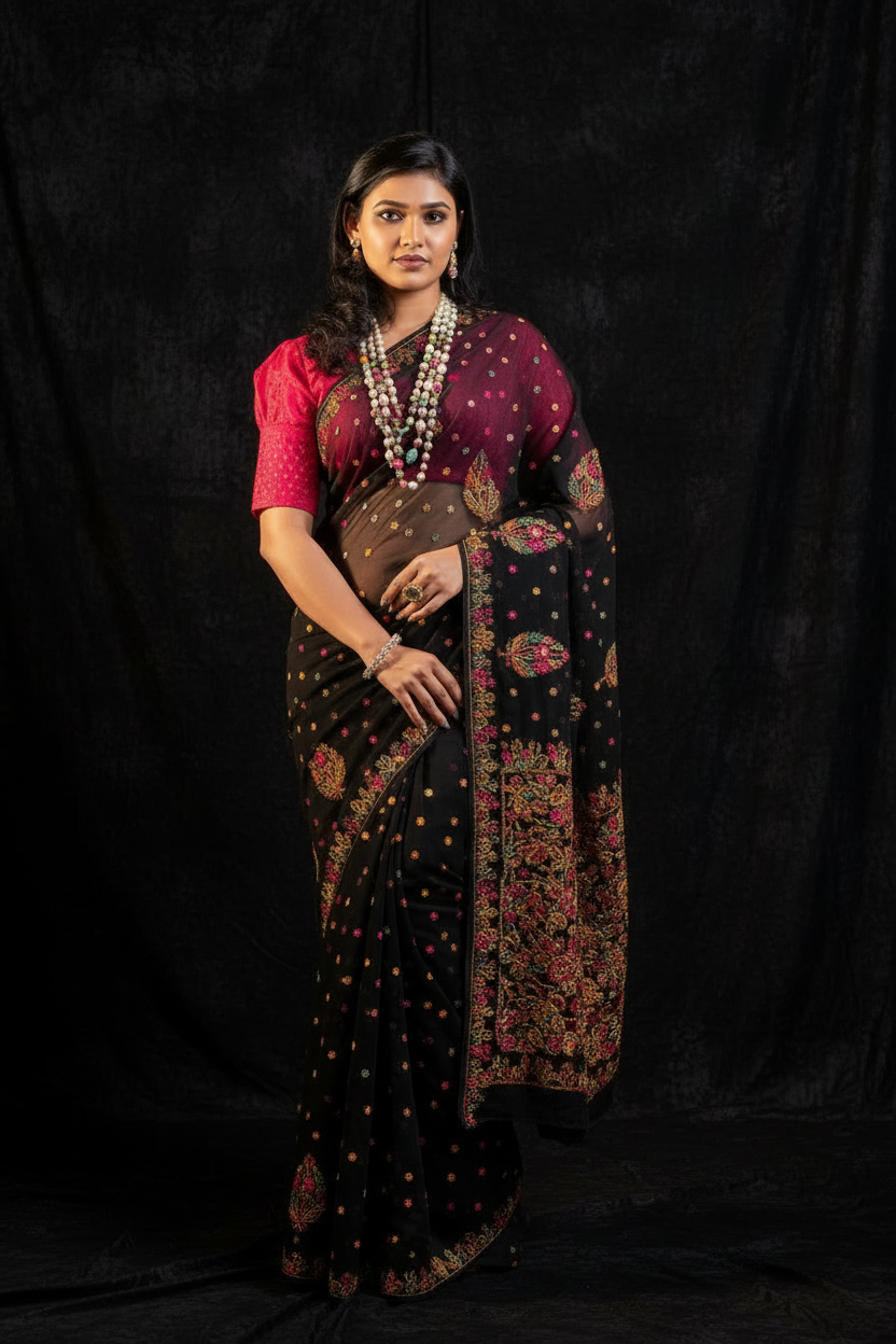 Woman wearing a traditional saree with a dark background