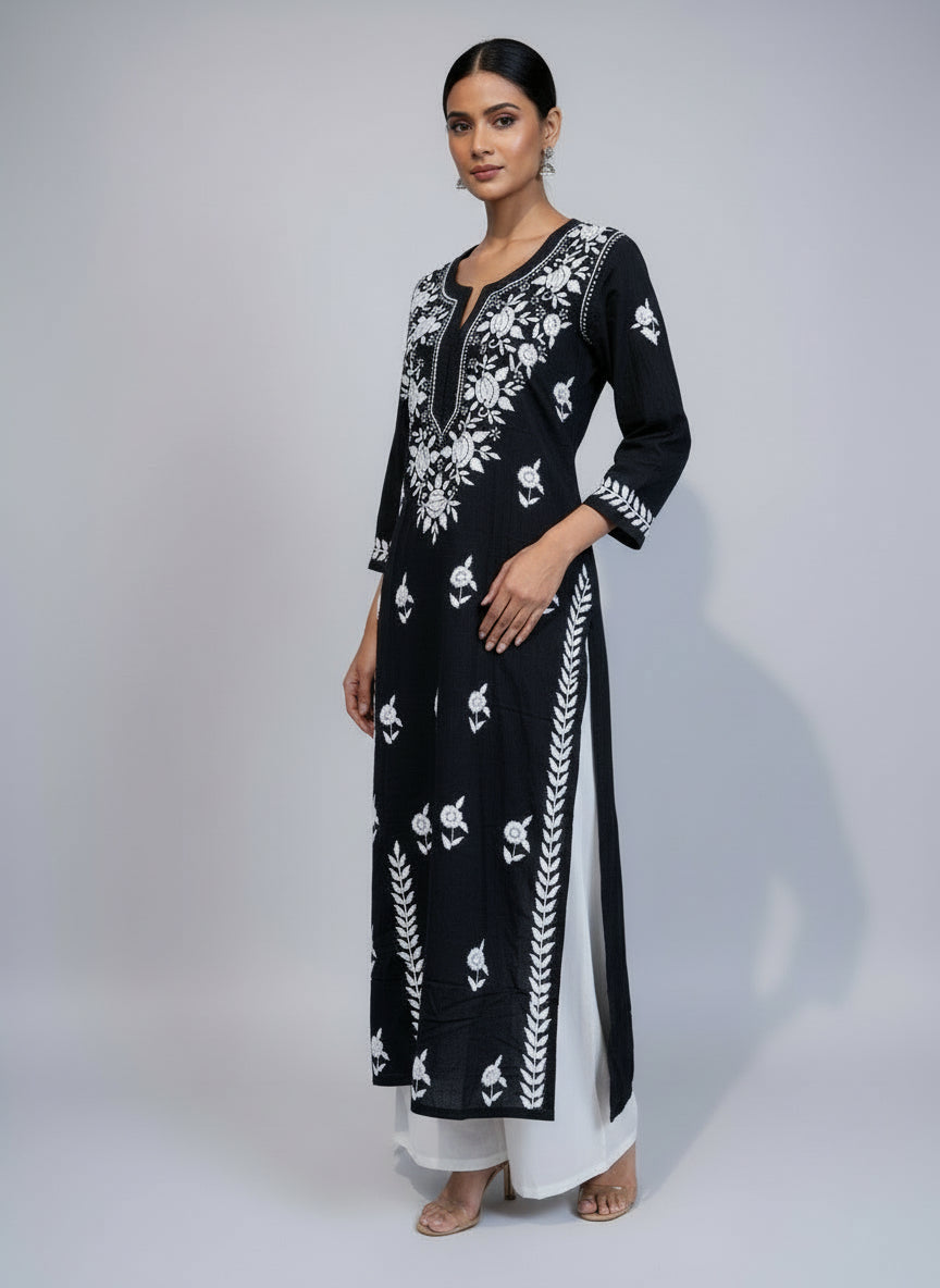A black colour 46 inches long modal fabric Chikankari kurti with white Ghass Patti embroidery 