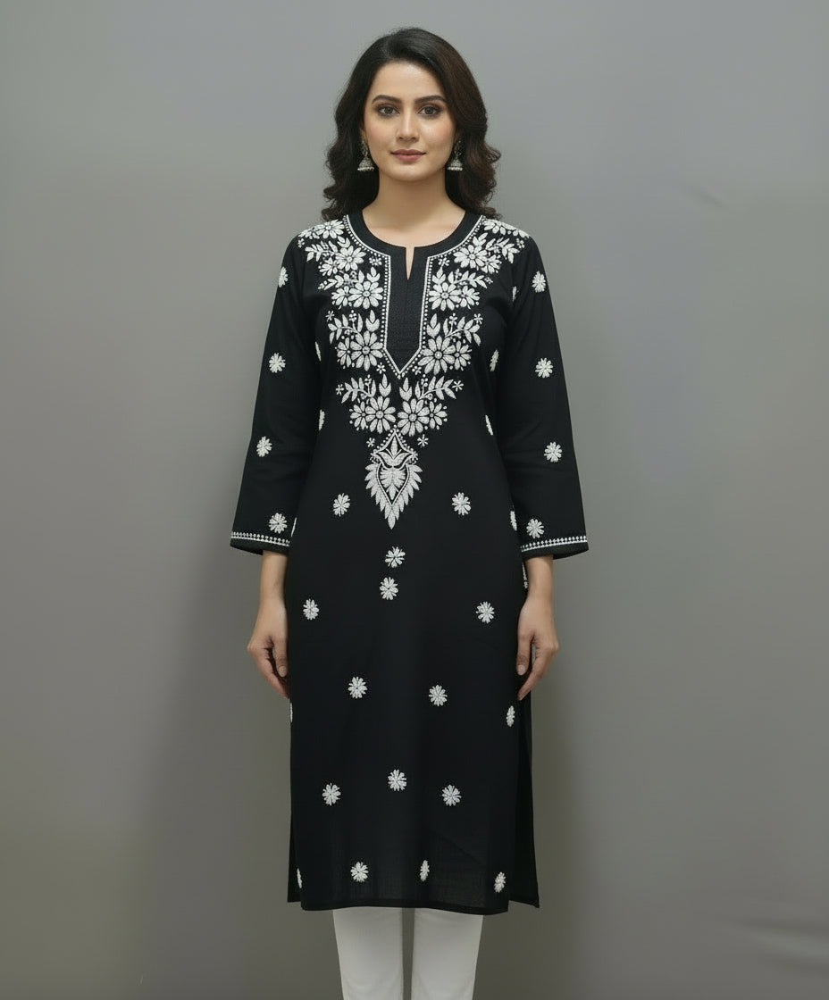 A black colour modal fabric 46 inches long kurti with white hand embroidery in a Ghass Patti pattern and booti work. 