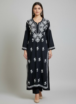 A black colour modal fabric kurti fully embroidered with hand embroidery floral Ghass Patti work and a full border on display.