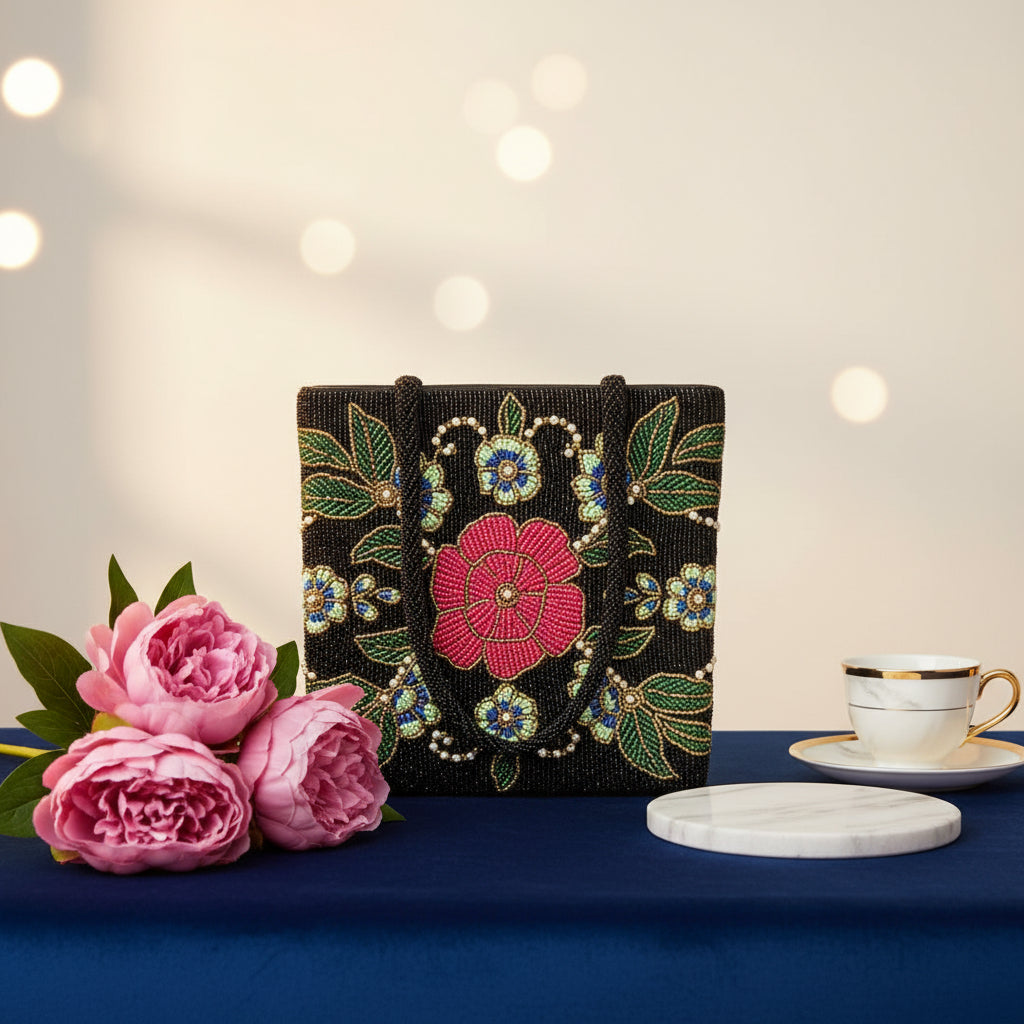A black floral handcrafted tote bag with glass beads embroidered on a white silk base, displayed on a wooden surface with a greenery background.