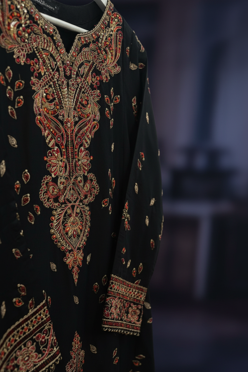 A close-up of a black traditional embroidered garment featuring ornate red and gold paisley patterns on the neckline, sleeve cuff, and hem.