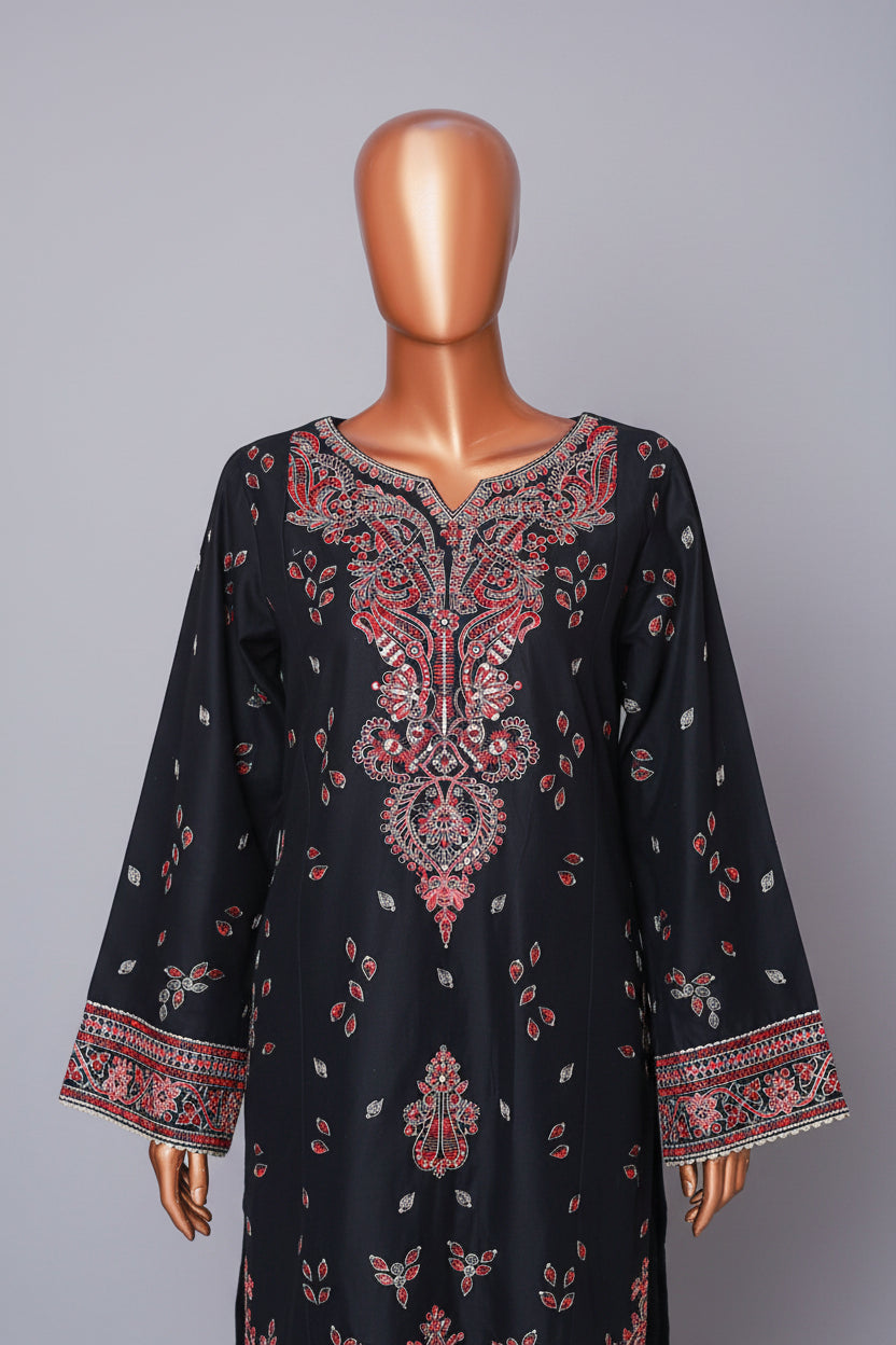 A black long-sleeve kurta with intricate red, pink, and silver embroidery on the neckline, cuffs, and hem, displayed on a mannequin.