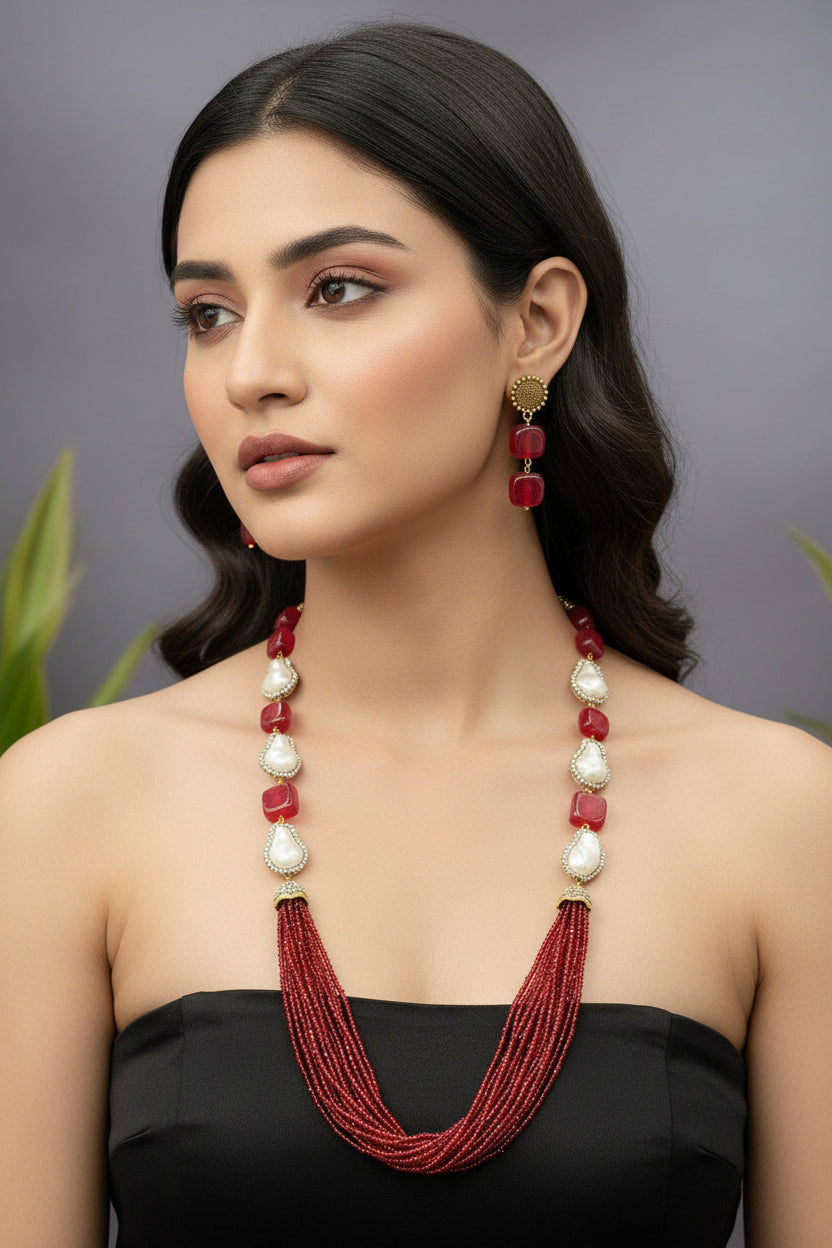 A modern stylish female model is wearing and posing in this mala and earrings. Please keep the earrings and mala same as original showing in this image don't make any changes in the design.