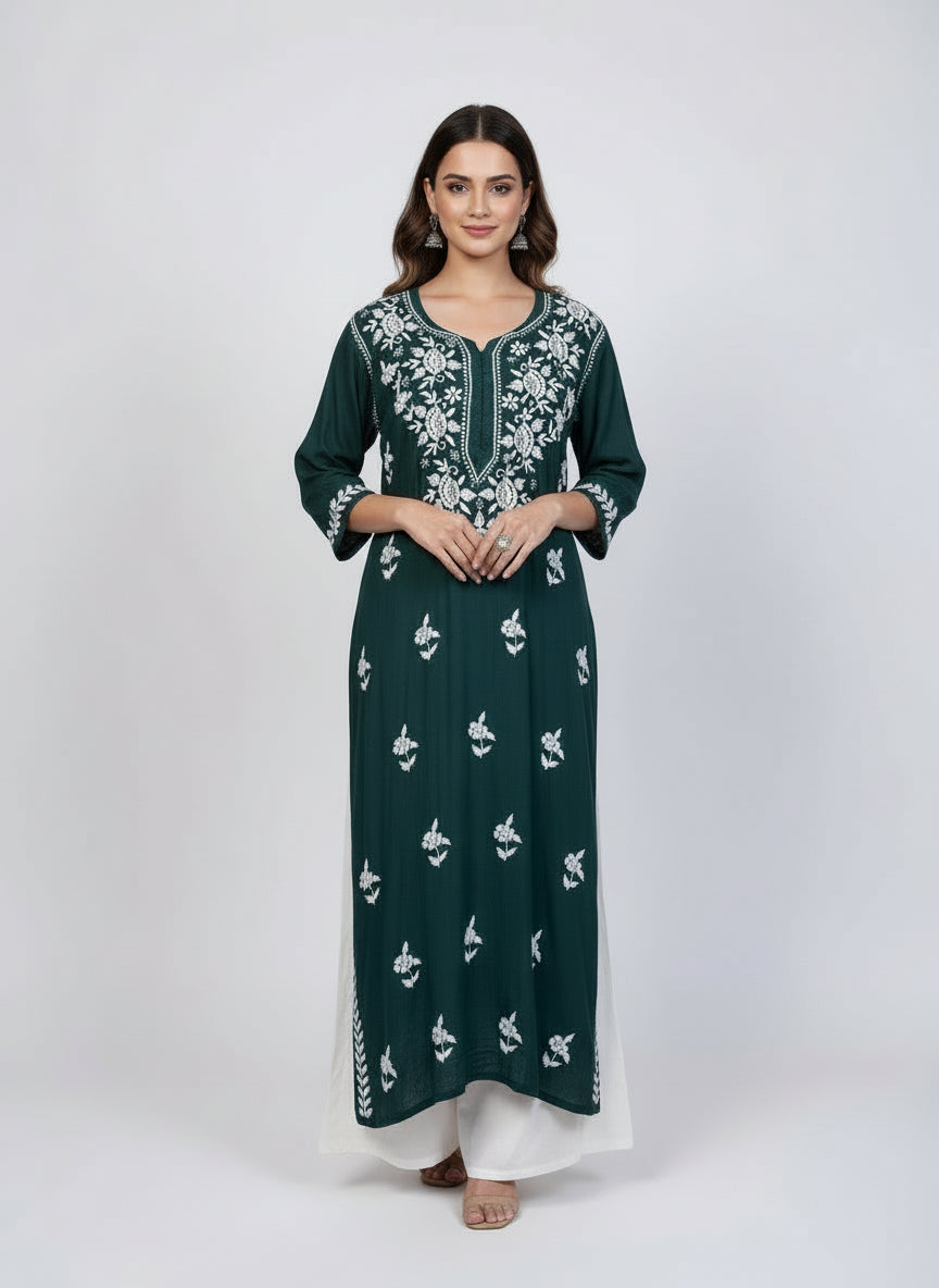 A bottle green colour 46 inches long modal fabric Chikankari kurti with white Ghass Patti embroidery 