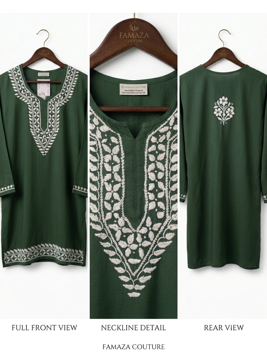 A bottle green tunic top shown from three views: full front, neckline detail, and rear. The tunic features white embroidered patterns around the V-neckline and hem.