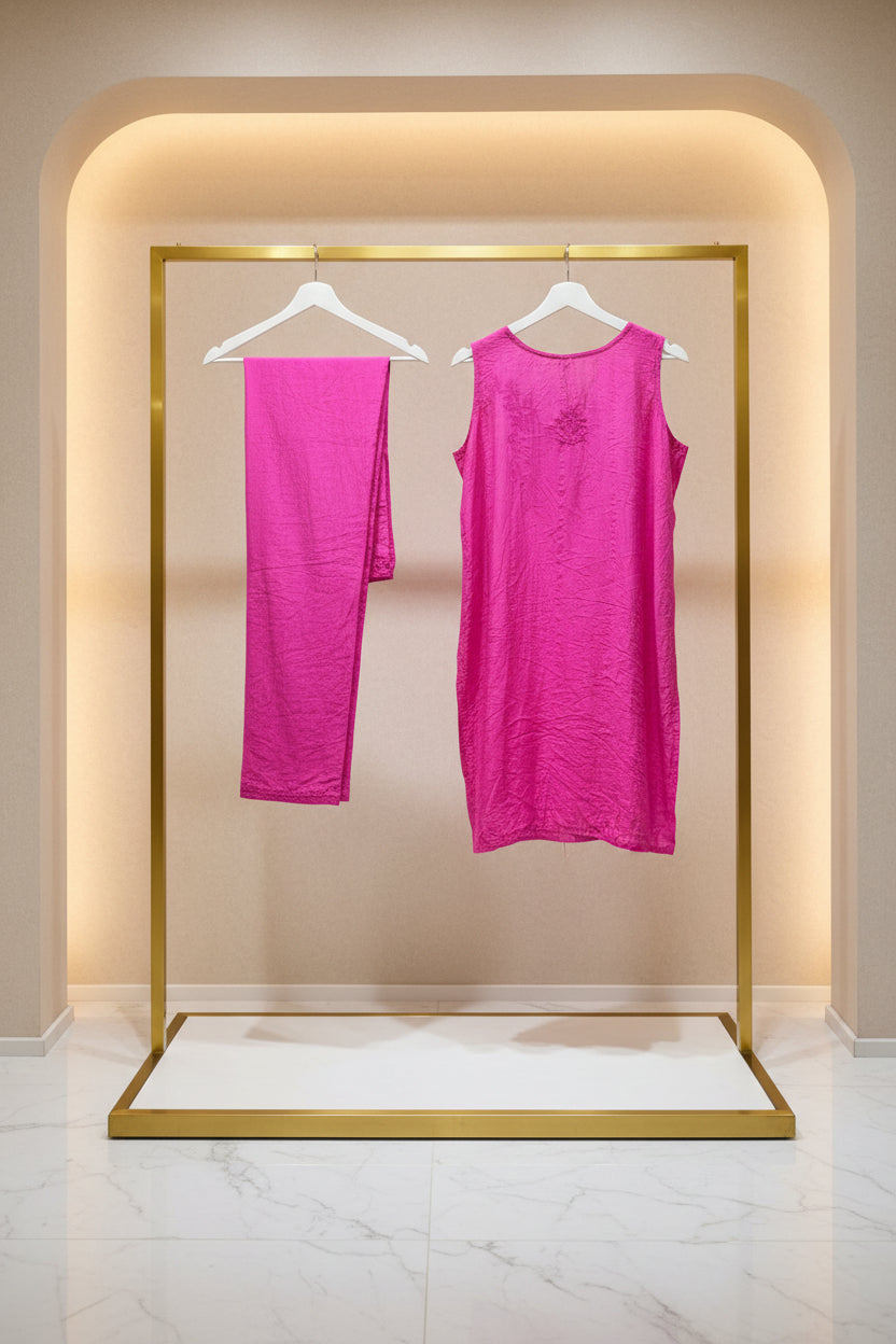 A bright magenta pink sleeveless tunic top with a matching straight trousers, displayed on a clothing rack in a Famaza Couture. 