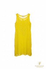 A bright yellow sleeveless viscose fabric kurti with mulmul lining with floral hand embroidery on the kurti is shown for Famaza Couture clothing store. 