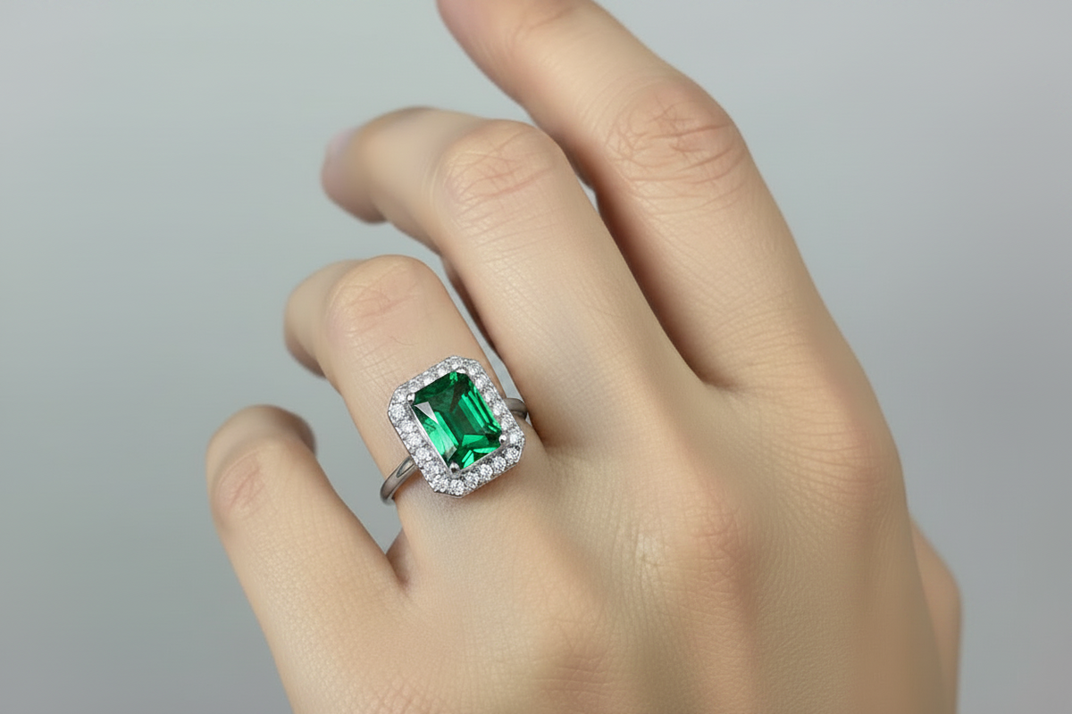 A gold ring featuring a large emerald-cut green gemstone surrounded by a halo of small clear stones, worn on a hand against a neutral gray background.