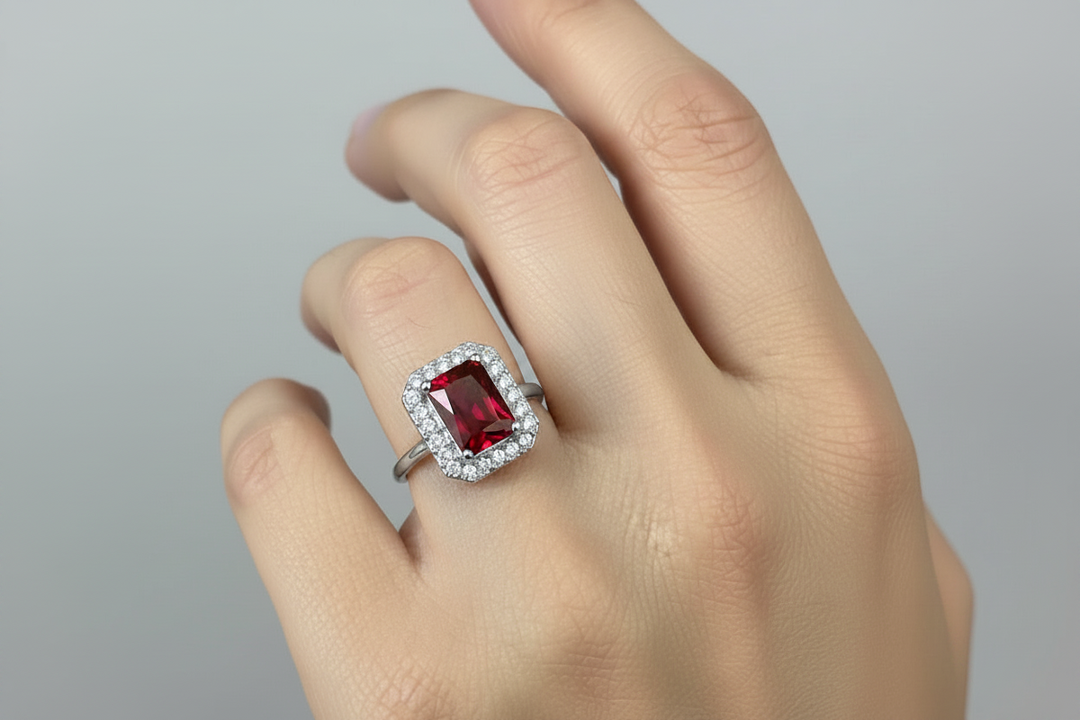 A close-up of a hand wearing a silver-toned ring with a rectangular red gemstone surrounded by a halo of small clear stones, set against a plain light gray background.