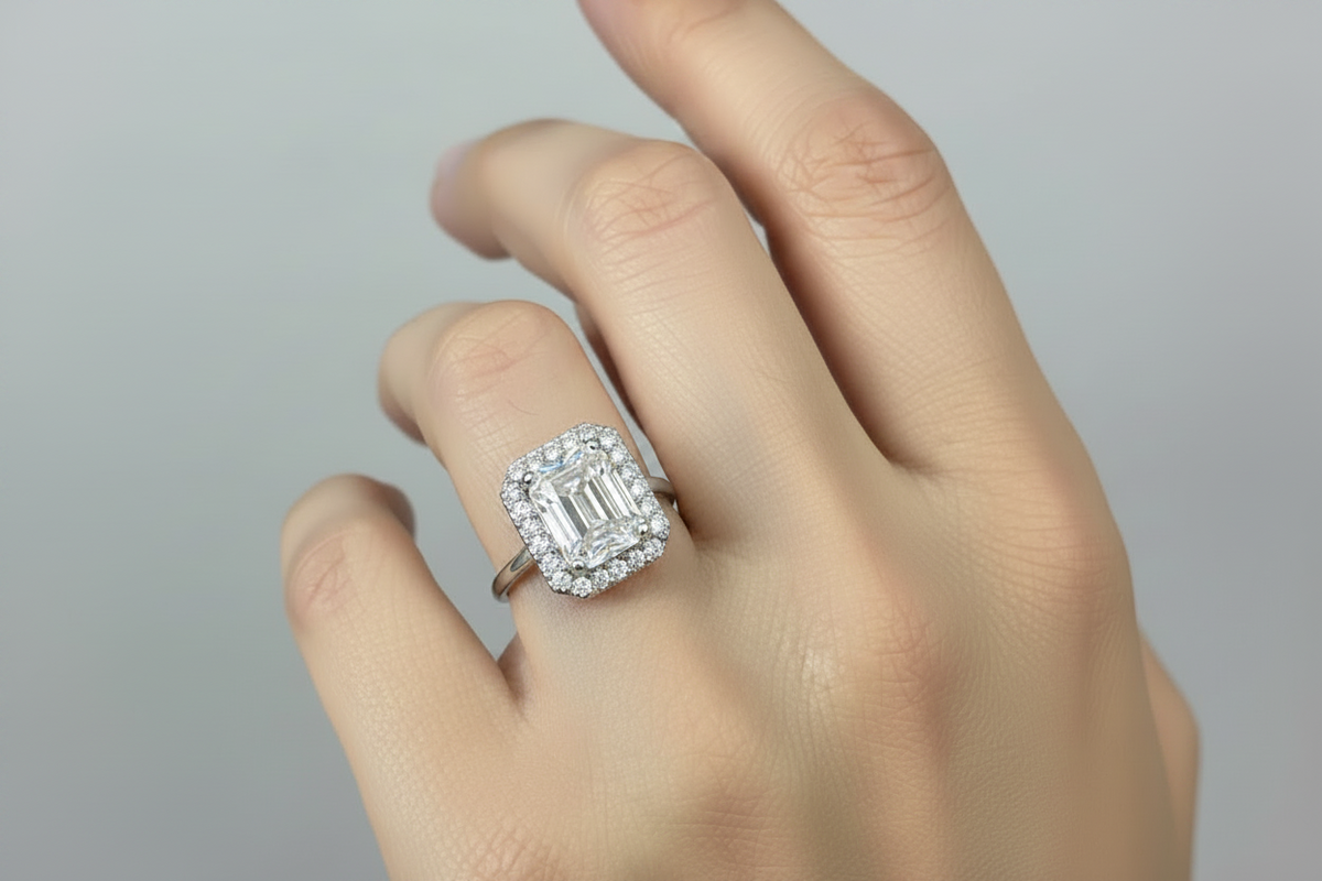 A close-up of a hand wearing a silver-toned ring with a large rectangular baguette-cut center stone surrounded by smaller stones in a halo setting, against a soft light gray background.