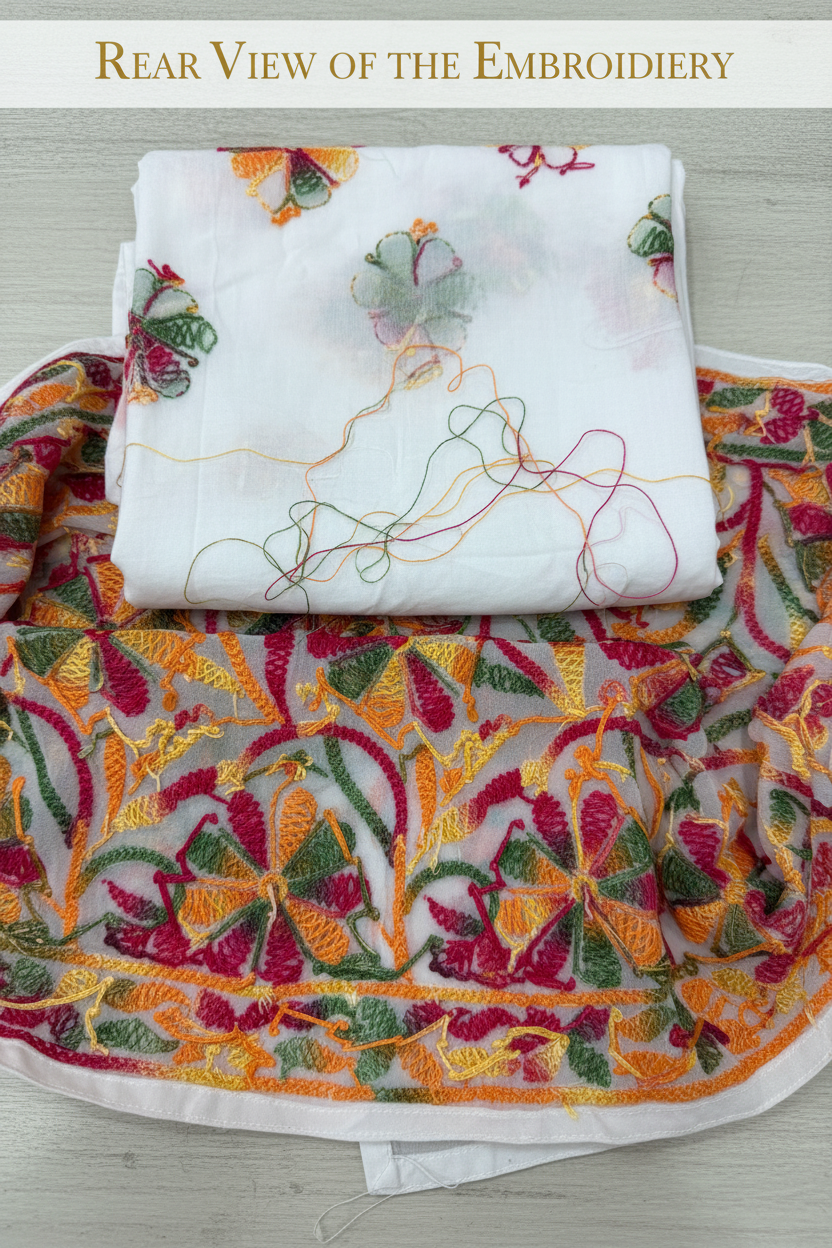 A folded white embroidered fabric piece with colorful floral stitching is displayed on top of a larger matching embroidered textile spread out below. The textile features dense multicolor embroidery in orange, green, pink, and yellow on a white base, photographed on a light wood surface.