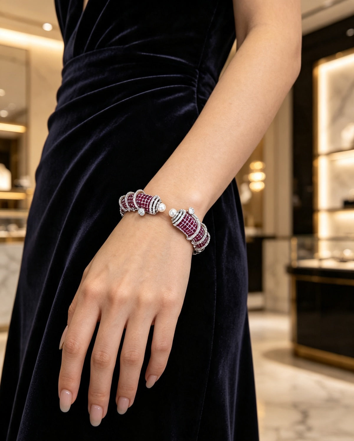 A close-up of a woman's hand and wrist wearing a beaded bracelet with red and white beads, set against a dark navy velvet dress and a softly blurred luxury jewelry store background.