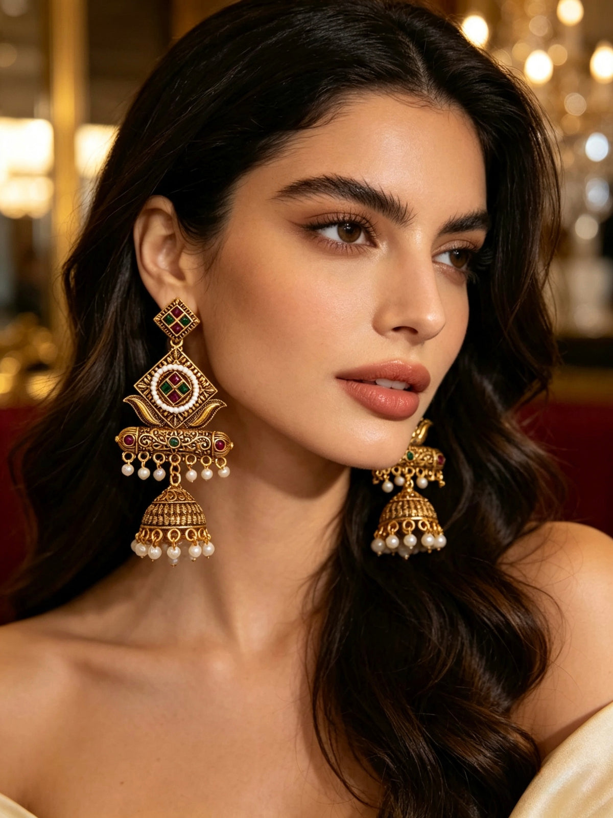 A close-up of a woman wearing ornate gold-toned traditional jhumka earrings with pearl drops and small red and green stone accents, set against a softly blurred warm indoor background.