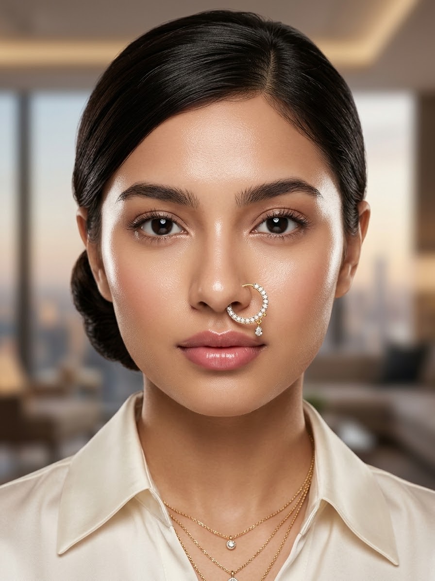 A close-up portrait of a woman wearing a gold crescent moon nose ring adorned with small white pearls, styled with layered gold necklaces and a cream-colored collared shirt.